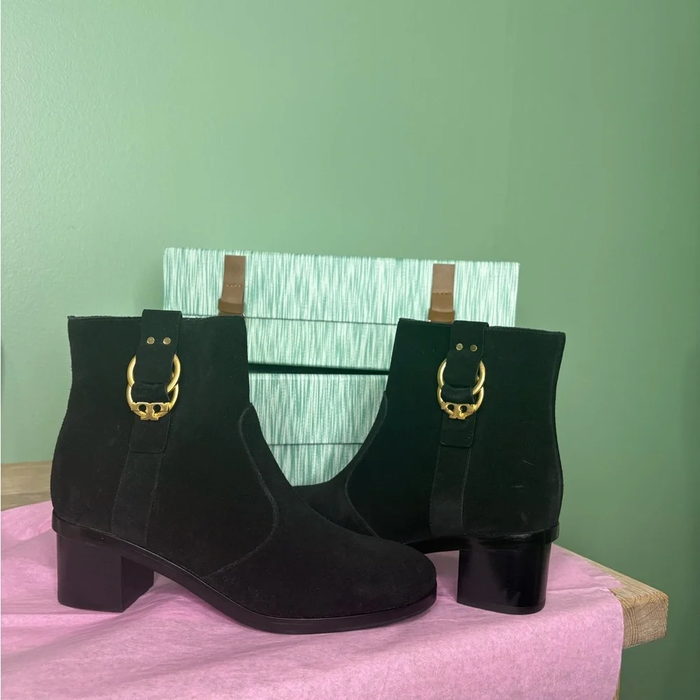 Black Ankle Boots with Gold Buckle